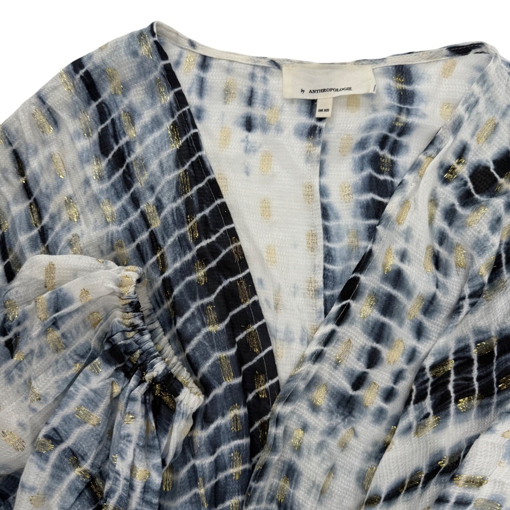 Anthropologie Vada Cocoon Kimono‎ Cardigan OS Gold Shimmer White Blue Tie Dye